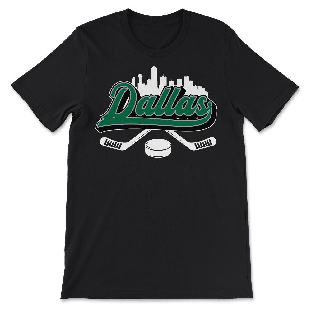 Dallas Hockey Downtown City Skyline Sticks & Puck Hockey Fan Gift - Unisex T-Shirt - Black