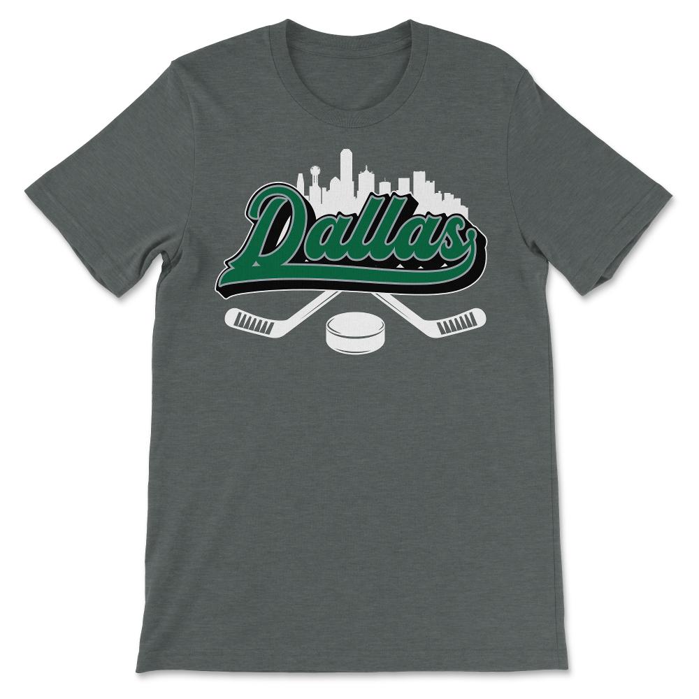 Dallas Hockey Downtown City Skyline Sticks & Puck Hockey Fan Gift - Unisex T-Shirt - Dark Grey Heather