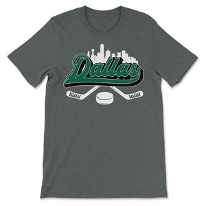 Dallas Hockey Downtown City Skyline Sticks & Puck Hockey Fan Gift - Unisex T-Shirt - Dark Grey Heather