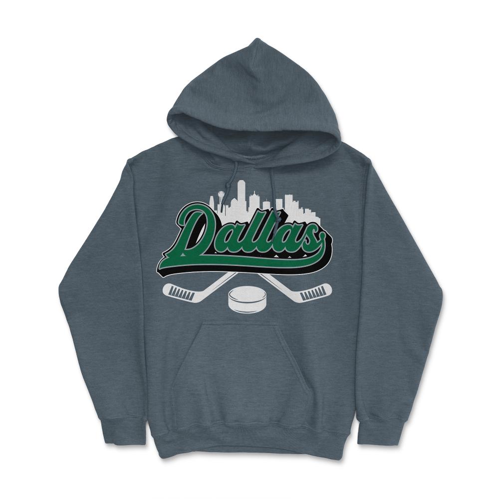 Dallas Hockey Downtown City Skyline Sticks & Puck Hockey Fan Gift - Hoodie - Dark Grey Heather