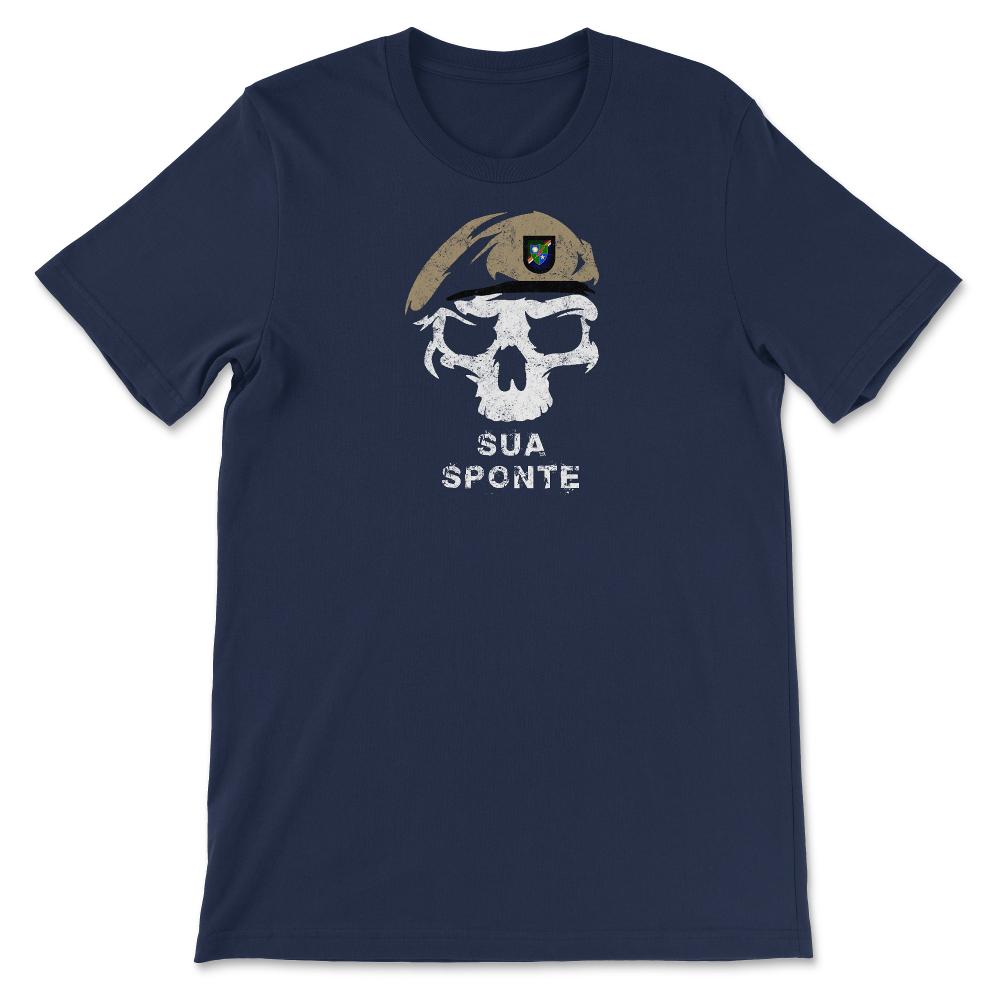 Vintage Army 75th Ranger Regiment DUI Sua Sponte Skull Tan Beret - Unisex T-Shirt - Navy