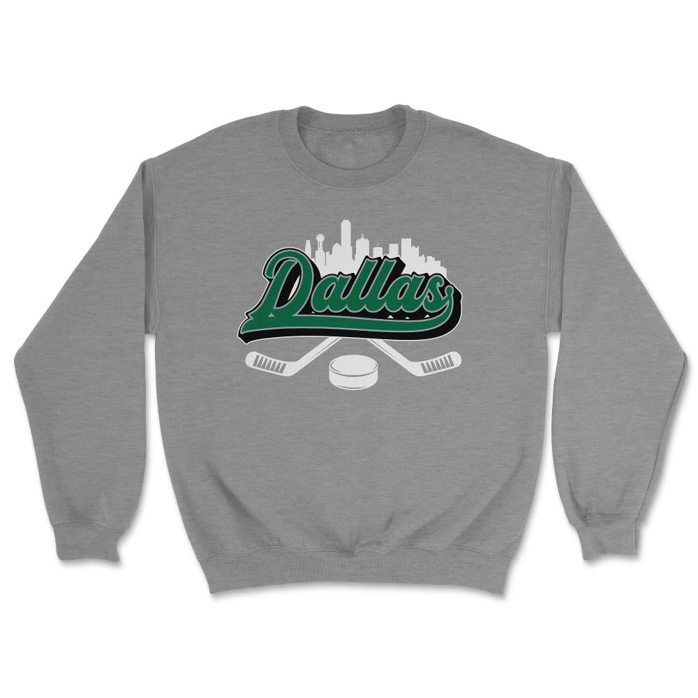 Dallas Hockey Downtown City Skyline Sticks & Puck Hockey Fan Gift - Unisex Sweatshirt - Grey Heather