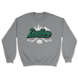 Dallas Hockey Downtown City Skyline Sticks & Puck Hockey Fan Gift - Unisex Sweatshirt - Grey Heather