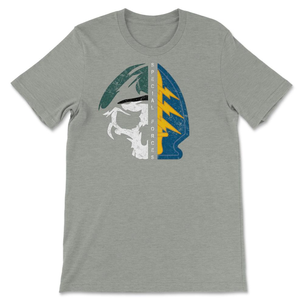 Army Special Forces Half Skull Half Patch De Oppresso Liber Green - Unisex T-Shirt - Grey Heather