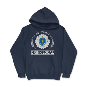 Drink Local Massachusetts Vintage Craft Beer Bottle Cap Brewing - Hoodie - Navy