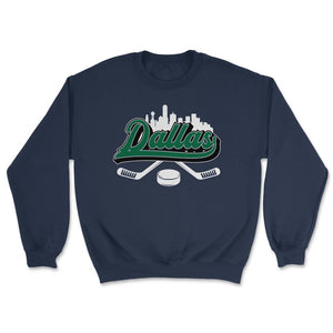 Dallas Hockey Downtown City Skyline Sticks & Puck Hockey Fan Gift - Unisex Sweatshirt - Navy