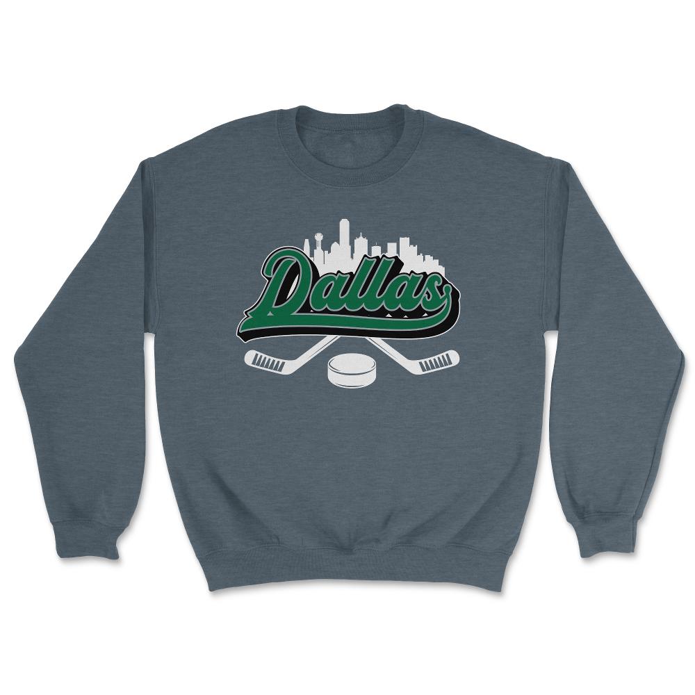 Dallas Hockey Downtown City Skyline Sticks & Puck Hockey Fan Gift - Unisex Sweatshirt - Dark Grey Heather