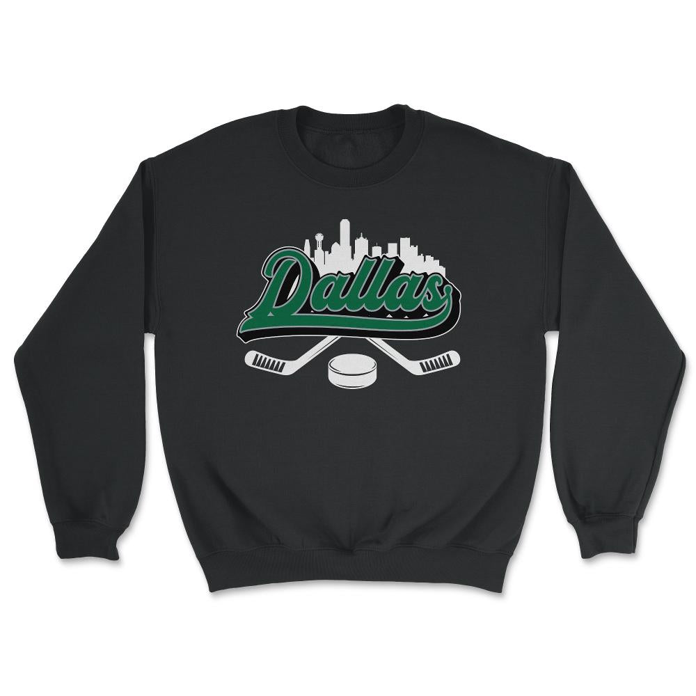 Dallas Hockey Downtown City Skyline Sticks & Puck Hockey Fan Gift - Unisex Sweatshirt - Black