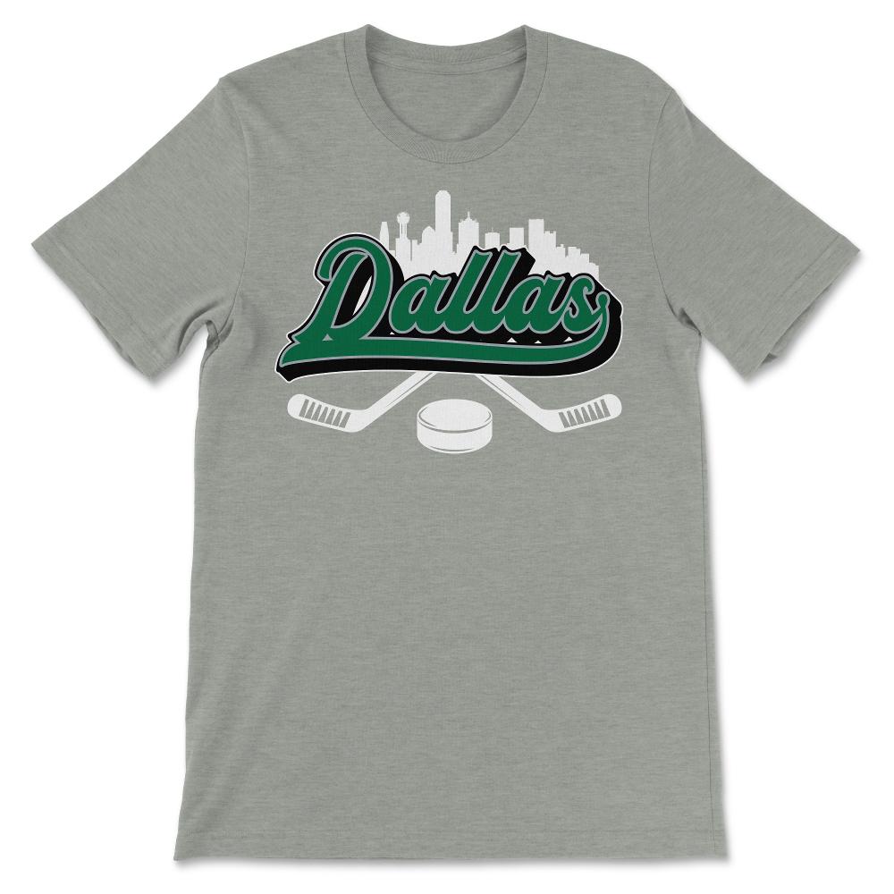 Dallas Hockey Downtown City Skyline Sticks & Puck Hockey Fan Gift - Unisex T-Shirt - Grey Heather