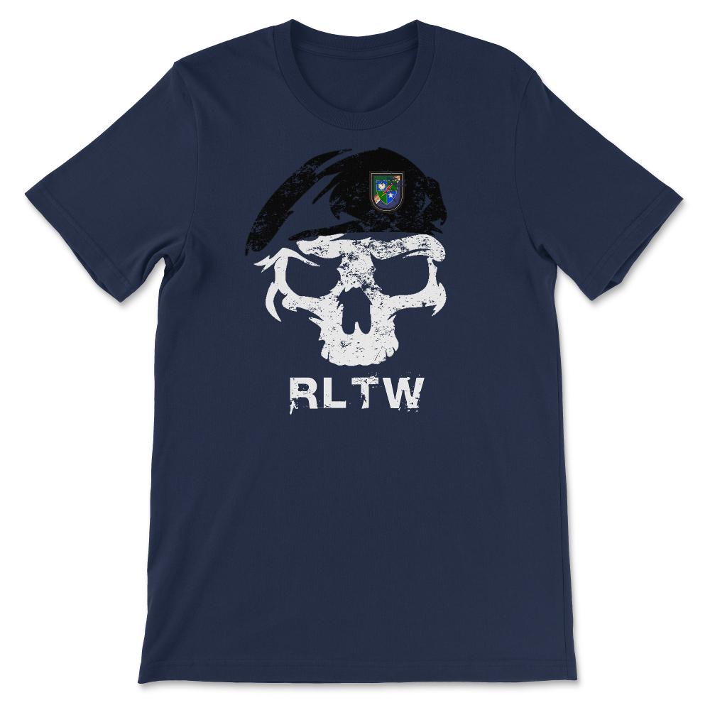 Vintage Army 75th Ranger Regiment DUI RLTW Skull Tan Beret Airborne - Unisex T-Shirt - Navy