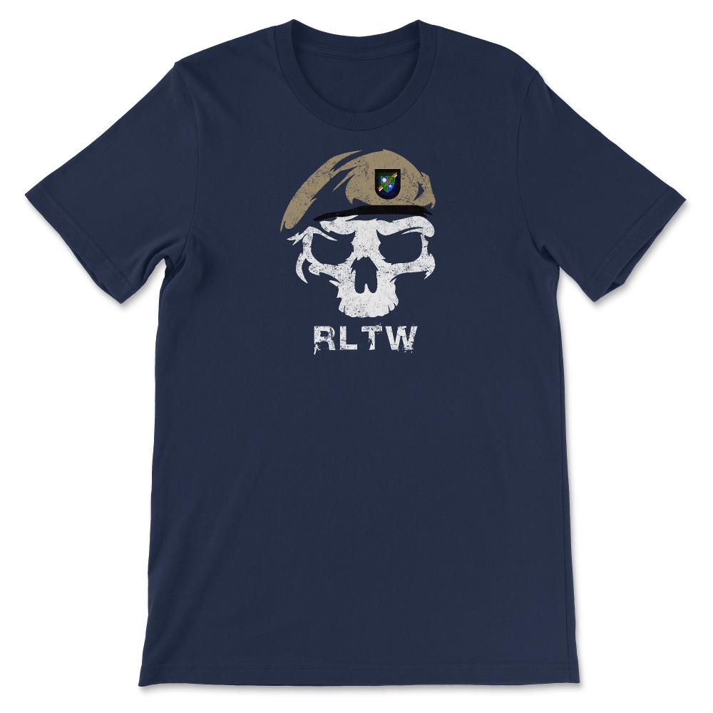 Vintage Army 75th Ranger Regiment DUI RLTW Skull Tan Beret Airborne - Unisex T-Shirt - Navy