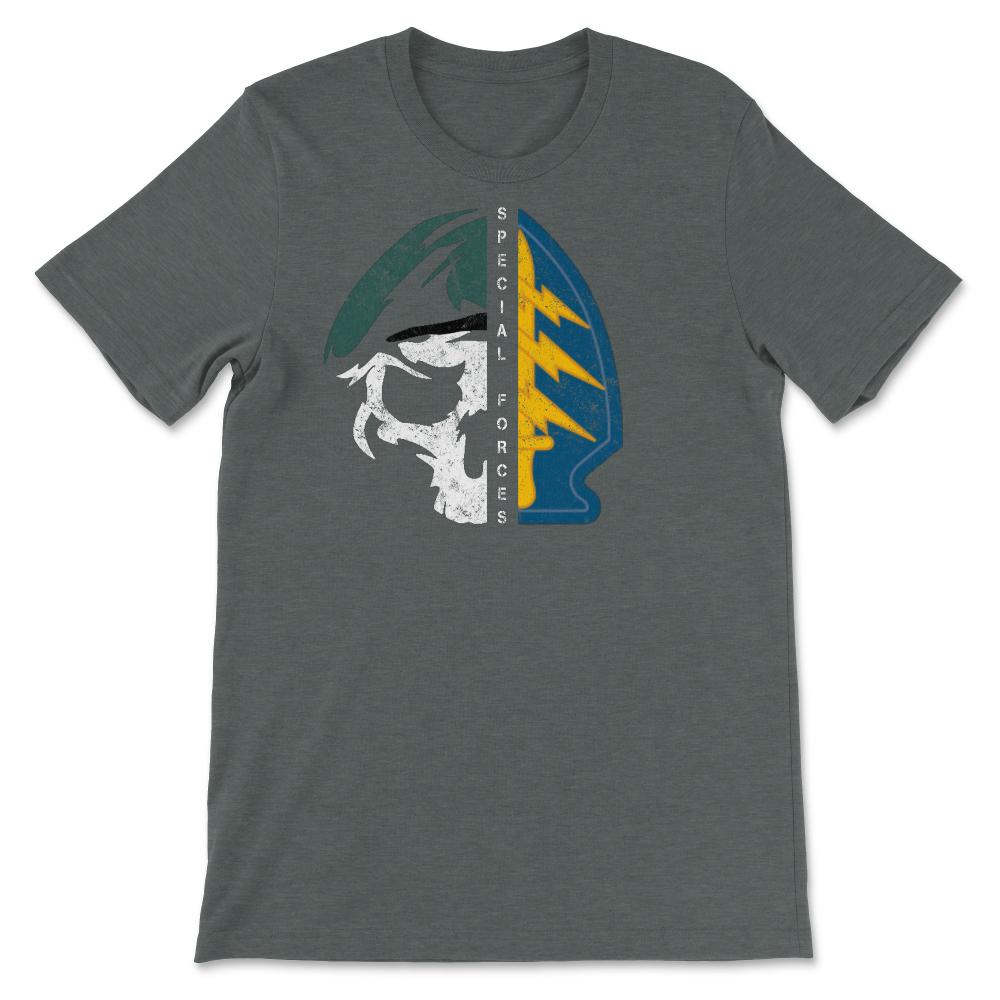 Army Special Forces Half Skull Half Patch De Oppresso Liber Green - Unisex T-Shirt - Dark Grey Heather