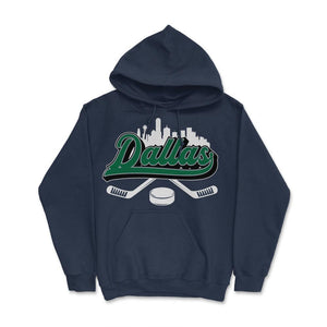 Dallas Hockey Downtown City Skyline Sticks & Puck Hockey Fan Gift - Hoodie - Navy