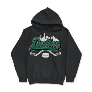 Dallas Hockey Downtown City Skyline Sticks & Puck Hockey Fan Gift - Hoodie - Black